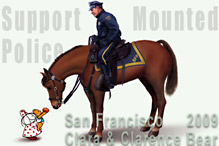 Cat Wong, illustration of children's characters Clara and  Clarence Bear offering apple to feed San Francisco 's Golden Gate  Mounted Police Horse with Police rider smiling on