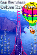 Children's illustrator's character Carla in hot air balloon points at Golden Gate Bridge , photo from Norberto & Shelly Li circa 2009