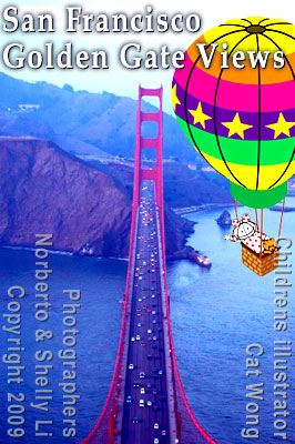 Children's Illustrator Cat Wong's  character Clara in a hot air balloon, overlooking Golden Gate Bridge in San Francisco - photo fr. Norberto and Shelly Li  circa 2009